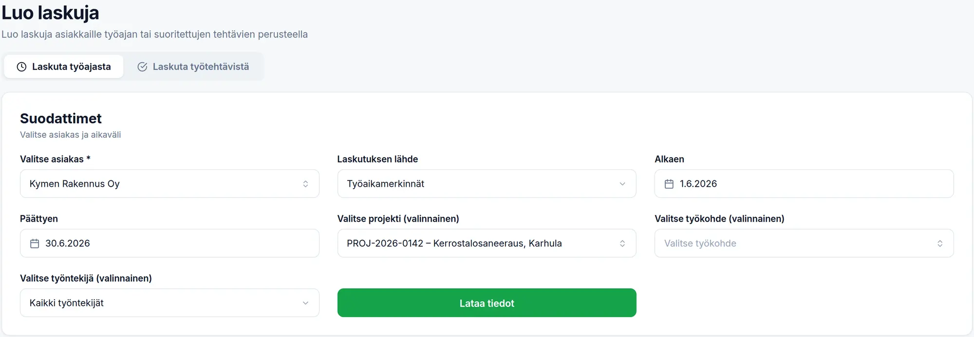 Laskutusnäkymä: laskun luonti kirjatuista tunneista asiakkaan, projektin ja aikavälin mukaan
